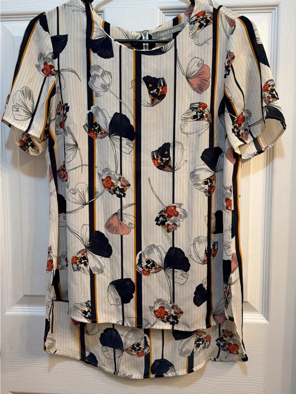 Daniel Rainn Cream Floral-Stripe Short Sleeve Blouse